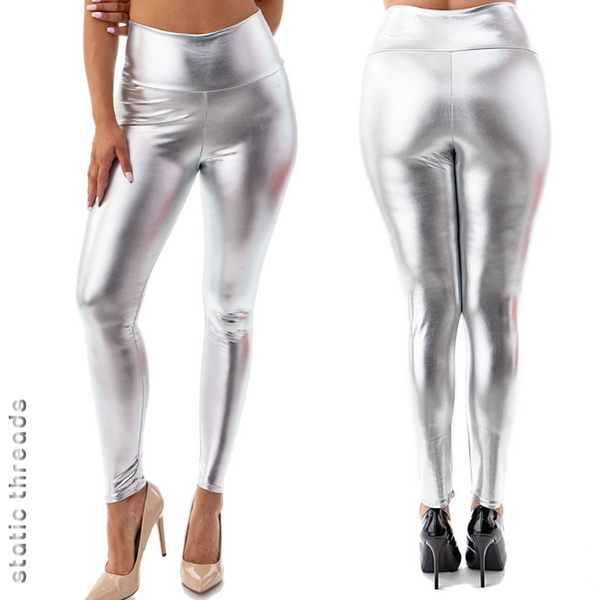 LissKiss Silver Shiny Faux Leather Wet Look - Silver Designer Leggings