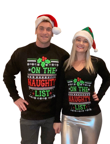 Matching Couples Ugly Christmas Sweaters - On the Naughty List