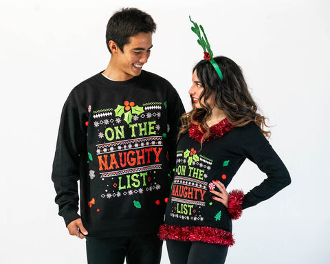 Matching Couples Ugly Christmas Sweaters - On the Naughty List