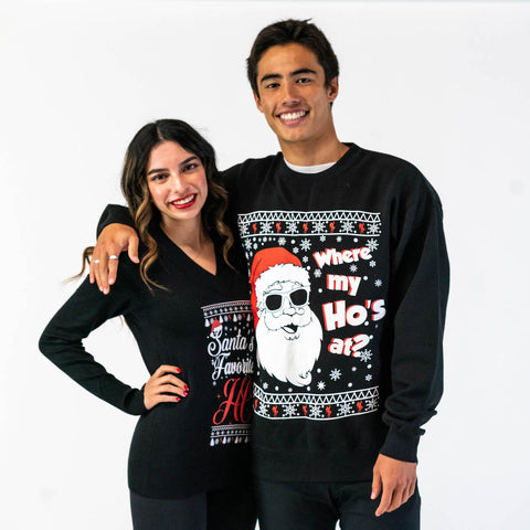 Matching Naughty Couples Ugly Christmas Sweaters - Where my Ho's at? and Santa's Fav Ho - IN STOCK - ready to ship