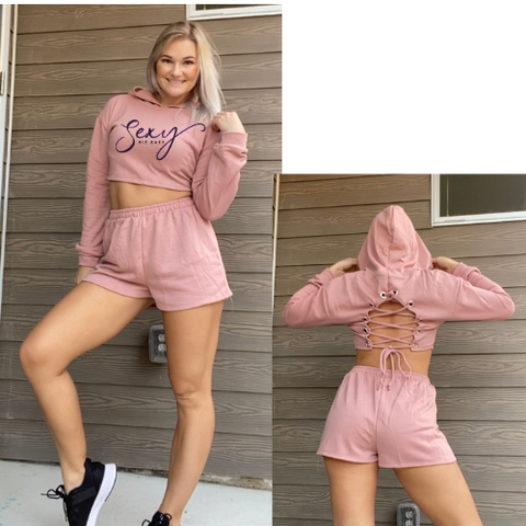 Pink or Black High Waisted Sweats with Crop tip: Sexy Biz Babe Sweats Crop Top & Shorts