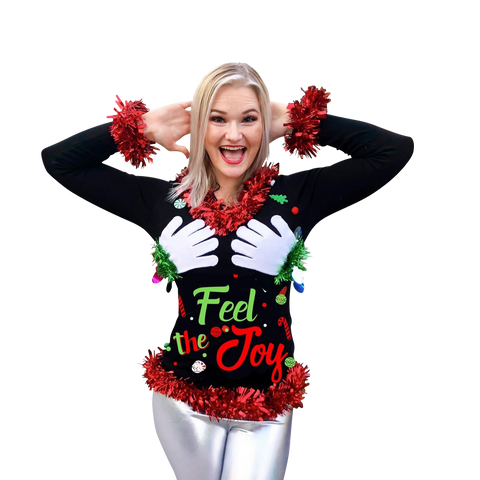 Feel The Joy Sweater Womens Ugly Christmas Sweater- Black RUNS SLIM