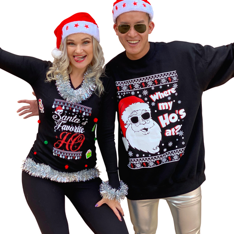 Matching Couples Ugly Christmas Sweaters 3D womens - Where my Ho's at? and Santa's Fav Ho - IN STOCK - ready to ship