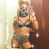 EDC Rave Outfit - Jeweled Rhinestone Strappy Bra and Black Jeweled High Waisted Bottoms