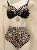 Rave Outfit - Rhinestone Strappy Bra and Black Rhinestone High Waisted Bottoms