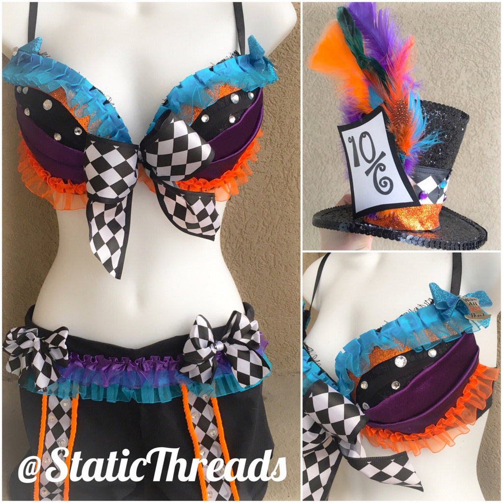 Mad Hatter Rave Outfit Costume- Rave Bra and Bottoms with Mini Mad Hatter Hat - FRee SHipping