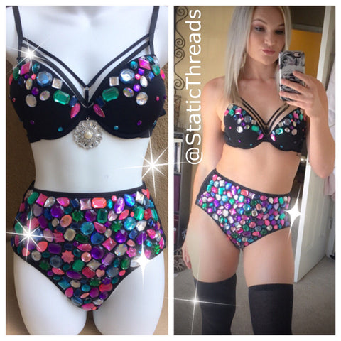 EDC Rave Outfit - Jeweled Rhinestone Strappy Bra and Black Jeweled High Waisted Bottoms, Multicolored - festival outfit