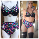 EDC Rave Outfit - Jeweled Rhinestone Strappy Bra and Black Jeweled High Waisted Bottoms