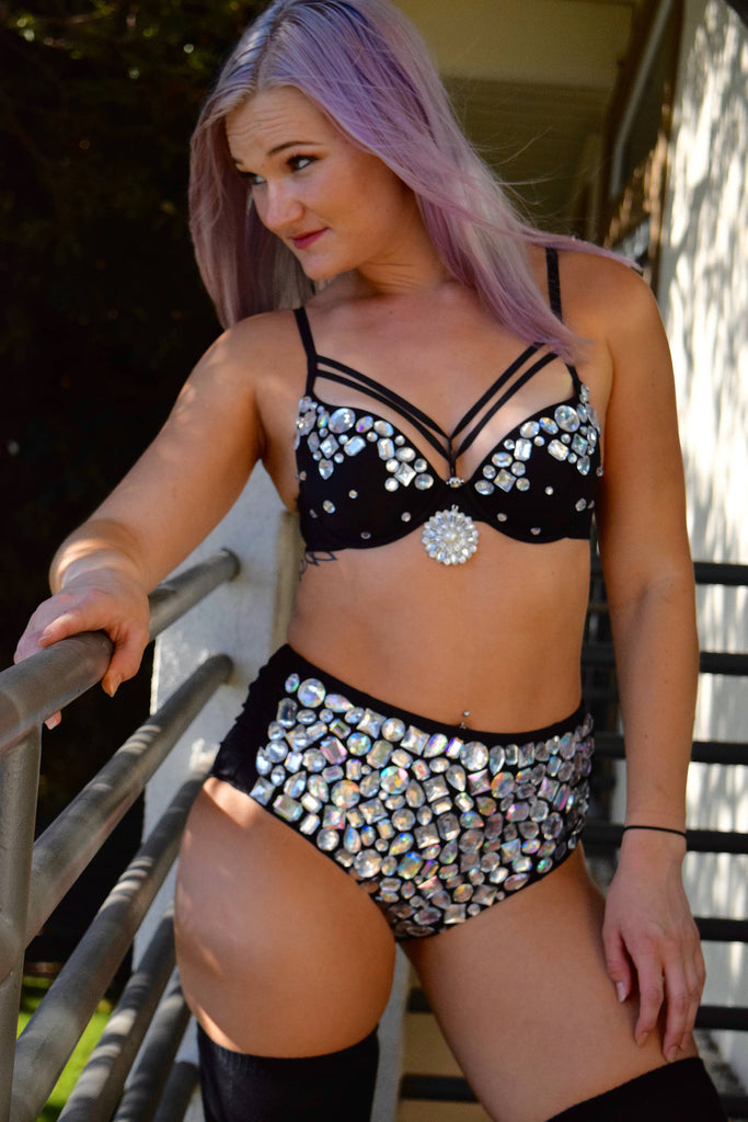 EDC Rave Outfit - Jeweled Rhinestone Strappy Bra and Black Jeweled Hig –  Static Threads