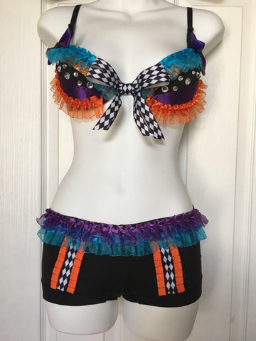 Sexy Mad Hatter Costume, Mad Hatter Rave Bra, and bottoms! Sexy halloween costume