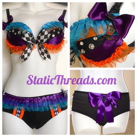 Sexy Mad Hatter Costume, Mad Hatter Rave Bra, and bottoms! Sexy halloween costume