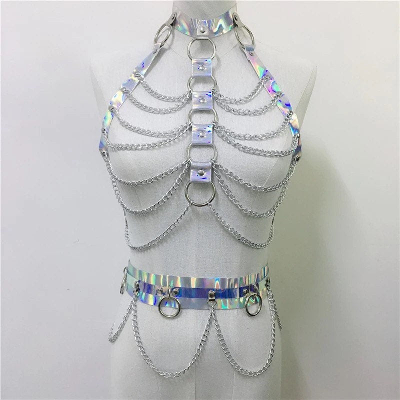 Holographic chain Harness and belt, Silver Holographic harness, festival outfit
