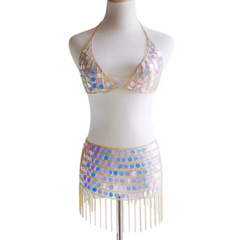 Holographic Rave Outfit, Blue Chain Body Jewelry,  iridescent festival chain