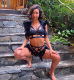Feather Harness Set, Black Feather Harness Outfit, Burning Man Outfit,
