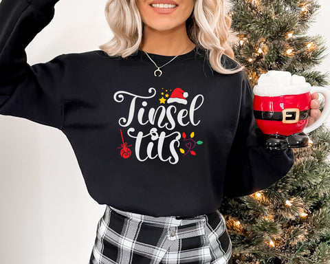Womens Ugly Christmas Sweater, Tinsel Tits Naughty Christmas Sweater