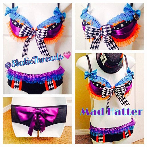 Mad Hatter Rave Outfit Costume- Rave Bra and Bottoms with Mini Mad Hatter Hat - FRee SHipping