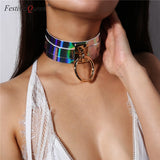 Punk Round Laser Holographic Leather Choker Necklace For Women Bondage Fashion Circle Chokers Harness Collar Statement Jewelry