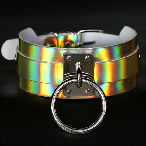 Punk Round Laser Holographic Leather Choker Necklace For Women Bondage Fashion Circle Chokers Harness Collar Statement Jewelry