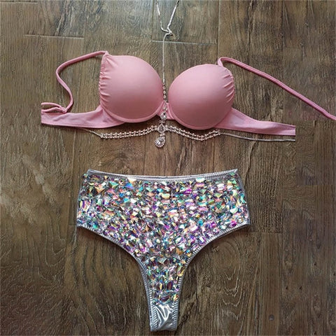 Rhinestone High Waist Bottoms and Pink top with body jewelry