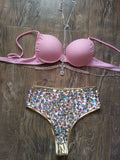 Rhinestone High Waist Bottoms and Pink top with body jewelry