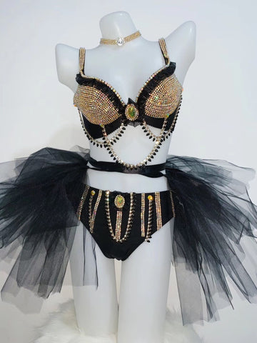 Sexy Rave Outfit - Sparkly Gold Rhinestones Bra Short Tutu -