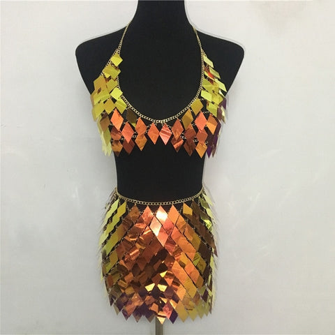 Sequin Festival Outfit | Two Piece Set Hollow Out Metal Chain skirt and top