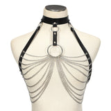 Goth Leather Chain Harness - Black - White - Red