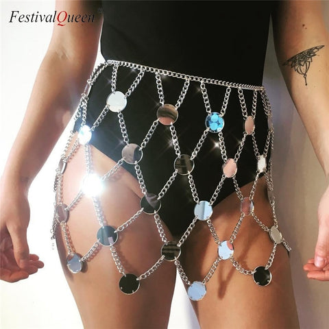 FestivalQueen exotic acrylic sequin women's metal chain skirt 2018 summer patchwork hollow out club female sparkly mini skirts