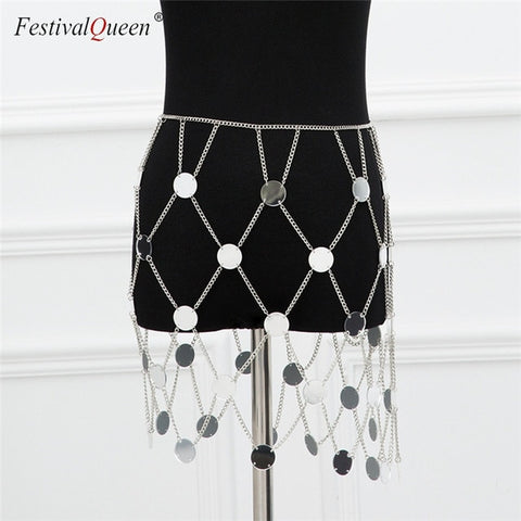 FestivalQueen exotic acrylic sequin women's metal chain skirt 2018 summer patchwork hollow out club female sparkly mini skirts