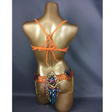Samba Carnival Wire Bra & Belt Rainbow stones - ORANGE - Belly Dancing Outfit